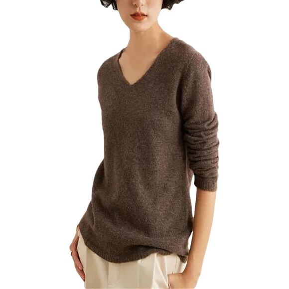 Halogen Cashmere v neck brown sweater Large - Picture 1 of 11